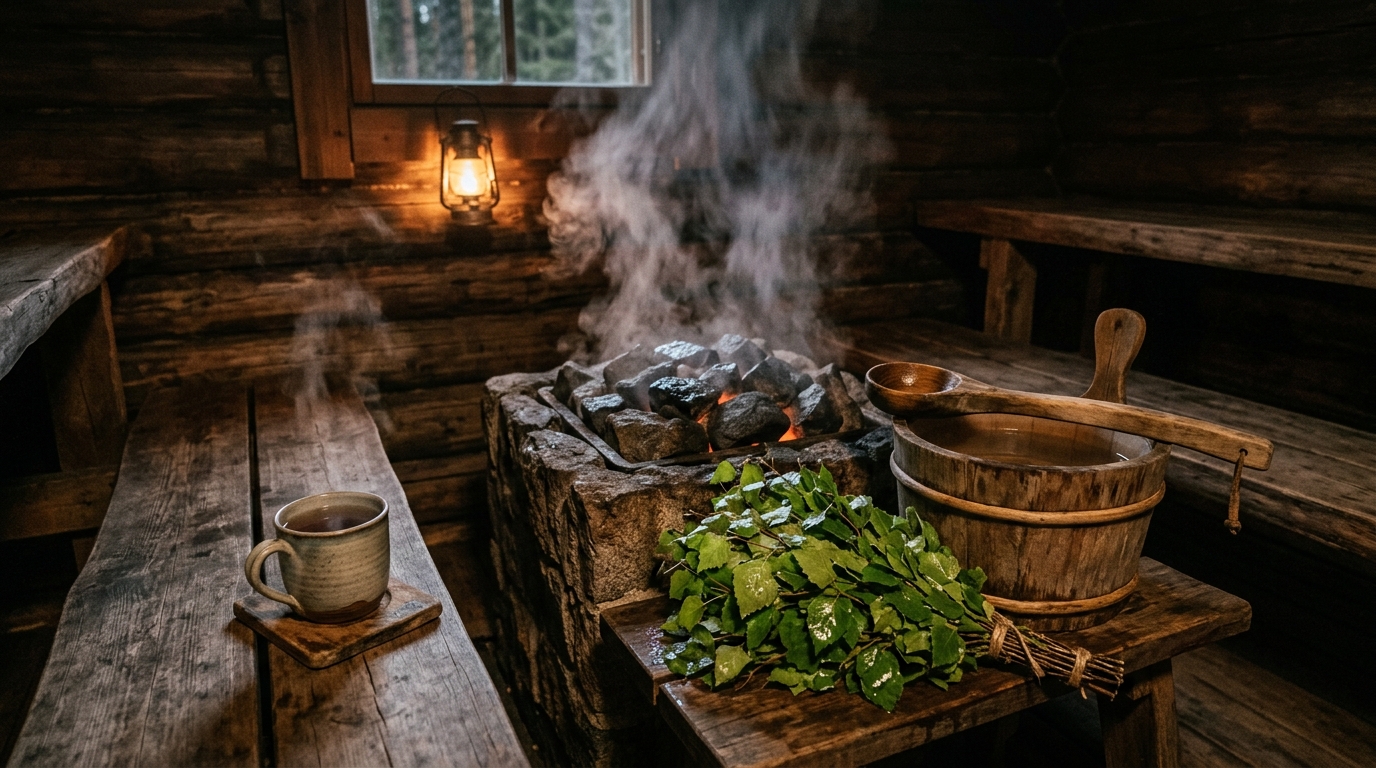 Savusaunan kiuas, löylykauha ja koivuvihta